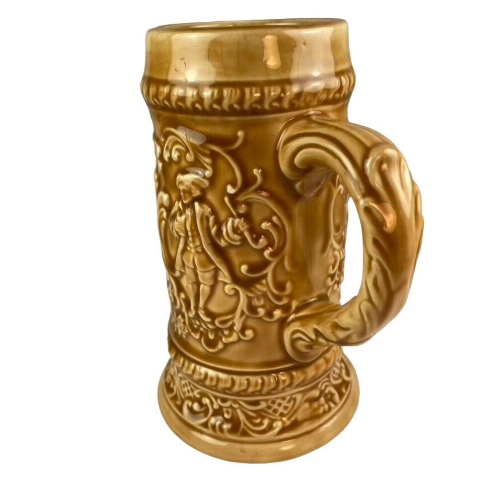 Vintage German Style Beer Stein Mug Hand Painted Brown Crazing Signed u